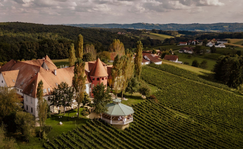 Panorama Weinschloss Thaller mit Pavillon und Weingärten im Vordergrund
